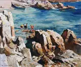 Gustave Vidal, Rochers et PÃªcheurs, Oil on canvas