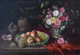 Alfred-Arthur Brunel de Neuville, Table Still Life with Grapes, Peaches and Bouquet of Flowers