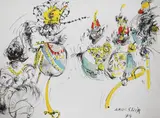 Ardeshir Mohasses, Grotesque King, Queen and Subjects Scene, 1996, Ink and watercolor on Arches paper