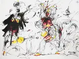 Ardeshir Mohasses, Grotesque Hajji Firuz Clown Figure, 1997, Ink and watercolor on Arches paper
