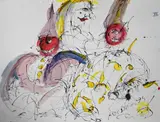 Ardeshir Mohasses, Three Grotesque Caricatured Clown Figures, 1995, Ink and watercolor on Arches paper