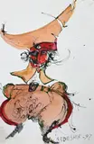 Ardeshir Mohasses, Grotesque Figure with Large Hat, 1997, Ink and watercolor on Arches paper, figure study verso