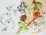 Ardeshir Mohasses, Grotesque Hajji Firuz Clown Figure, 1997, Ink and watercolor on Arches paper