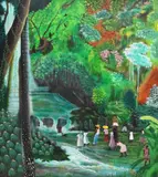 Fritz Millevoix, Jungle Landscape with Figures Beside a Waterfall, Oil on masonite