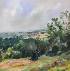 Raoul Middleman, Landscape with Distant Farms, 1982, Oil on board
