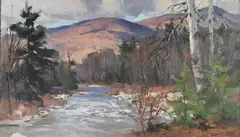 Bernard Corey, "Mountain River, Oil on masonite