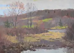 Bernard Corey, Early Spring Hills Landscape, Oil on canvas board Label on verso with