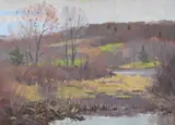 Bernard Corey, Early Spring Hills Landscape, Oil on canvas board Label on verso with