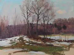 Bernard Corey, Early Spring Landscape with Bare Trees, Oil on masonite Label on verso with
