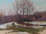 Bernard Corey, Early Spring Landscape with Bare Trees, Oil on masonite Label on verso with