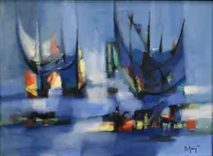 Marcel Mouly, Les Bateaux Blues a Venise, Oil on canvas