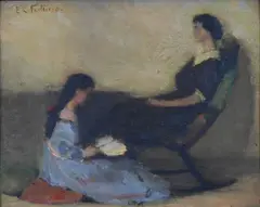 E. Charlton Fortune, Interior Scene with Two Women Depicting a mother and daughter in a quiet interior, one seated reading while the other reclines, Oil on canvas board
