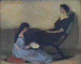 E. Charlton Fortune, Interior Scene with Two Women Depicting a mother and daughter in a quiet interior, one seated reading while the other reclines