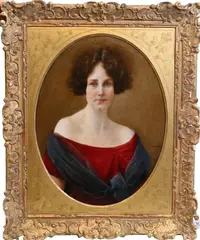 George de Forest Brush, <br>Portrait of a woman with green eyes and brown hair, in a red dress and shawl<br>, Oil on panel<br>Signed upper right Geo de Forest Brush<br>Label on verso "on loa