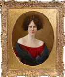 George de Forest Brush, <br>Portrait of a woman with green eyes and brown hair, in a red dress and shawl<br>, Oil on panel<br>Signed upper right Geo de Forest Brush<br>Label on verso "on loa