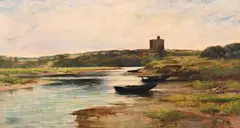 George Aikman, Quiet River Bed, Norham Castle Landscape, Oil on board