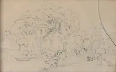 George Richmond, Study of Cattle Grazing by a River with Distant Village, Graphite on paper Initialed lower right G.R