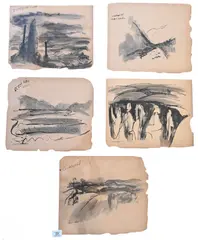 Abraham Rattner, Original Landscape Studies "Cartersville" "Land Erosion" "Duck Town, Tennessee" "___Lake, Tennessee", Pen and ink, watercolor wash Each