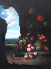 Italian Still Life with Fruit Bowl and Monkey by Herbert Pickenhagen, Oil on canvas, offered Oct 2025