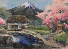 Theodore Wores, Japanese Garden Landscape with Mount Fuji and Cherry Blossoms, Watercolor on paper