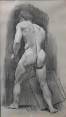 Juan Luna, Academy Study of a Nude Man, Charcoal, colored pencil on paper