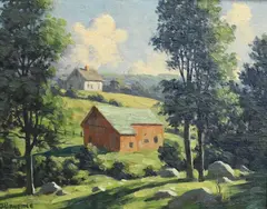 Bertram George Bruestle, House and Barn, Oil on panel