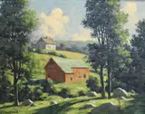 Bertram George Bruestle, House and Barn, Oil on panel