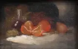 George William Whitaker, Miniature Still Life of Fruit and Wine Bottle, Oil on canvas in ornate gilt wood floral