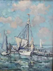 Gustave Adolph Hoffman, Docked Boats at the Harbor, Oil on canvas