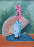 Marguerite Stuber Pearson, Oriental Still Life with Fan and Flowers in Turquoise Vase, Oil on canvas board