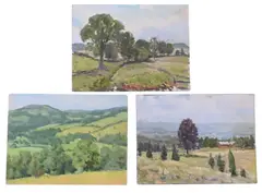 Landscape Studies to include one study of a farm with red barns and pines, one with trees and stone walls, along with one of rolling hills and trees by Helen Savier DuMond, Oil on canvas boards, offered Sep 2025