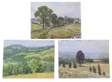 Helen Savier DuMond, Landscape Studies to include one study of a farm with red barns and pines, one with trees and stone walls, along with one of rolling hills and trees, Oil on canvas boards