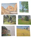Helen Savier DuMond, Landscape Studies to include one study of a red barn, tree and stonewalls, one of wheat fields on a farm, one rocky canyon desert scene, etc, Oil on canvas boards