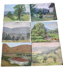 Landscape Studies to include one study of a house and garden, marsh or coastal inlet, trees in a meadow with pathway and fences etc by Helen Savier DuMond, Oil on canvas boards, offered Sep 2025