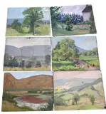 Helen Savier DuMond, Landscape Studies to include one study of a house and garden, marsh or coastal inlet, trees in a meadow with pathway and fences etc, Oil on canvas boards