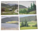 Helen Savier DuMond, Landscape Studies to include two studies of rolling hills and trees, one of a valley and small house along with one of a coastal village by the sea, Oil on canvas boards