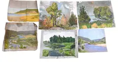 Landscape Studies to include one autumn foliage study, one coastal scene with dunes, one river scene, along with a pond scene by Helen Savier DuMond, Oil on canvas, oil on canvas board, offered Sep 2025