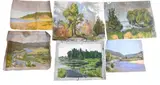Helen Savier DuMond, Landscape Studies to include one autumn foliage study, one coastal scene with dunes, one river scene, along with a pond scene, Oil on canvas, oil on canvas board