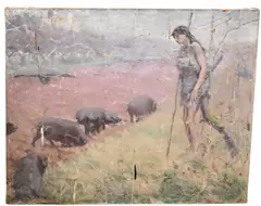 Frank DuMond, The Sorceress Circe Transforms Odysseus's men into pigs after they land on her island, Oil on canvas