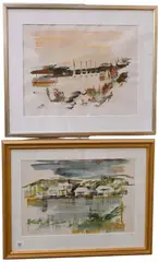 Alfred Birdsey, Coastal Village with Docked Boats, Watercolor on paper
