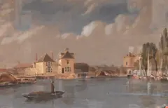 River Scene with Punt Boat and Nearby Village by Thomas Miles Richardson, Watercolor and gouache on paper, offered Sep 2025
