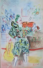 Circus Clown Playing the Violin by Jean Dufy, Watercolor and gouache on paper Marked lower right Jean Dufy, offered Jul 2025