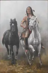 Troy Denton, Native American Indian on a White Horse and leading a black horse, Oil on canvas