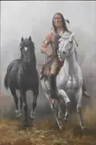 Troy Denton, Native American Indian on a White Horse and leading a black horse, Oil on canvas
