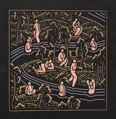 Robert Gordy, River Bathers, Silkscreen on black paper