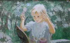 Thornton Utz, Young Girl Brushing her Hair In Front of a Mirror, 1985, Oil on board