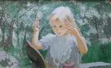 Thornton Utz, Young Girl Brushing her Hair In Front of a Mirror, 1985, Oil on board