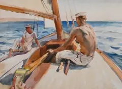 Giulio de Blaas, Nautical Scene with Two Sailors on a Yacht, Watercolor on paper