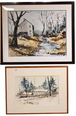 William Welch, Winter Scene with House and Birch Trees, Watercolor