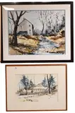 William Welch, Winter Scene with House and Birch Trees, Watercolor